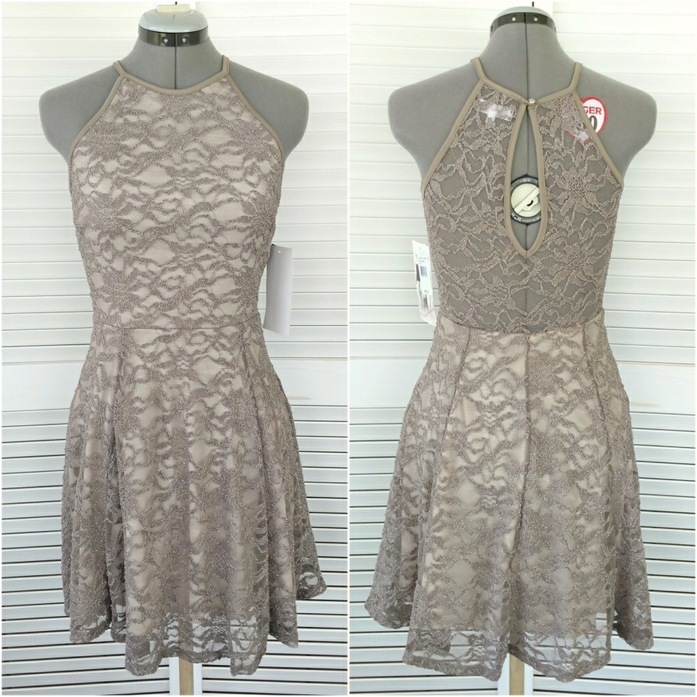 NWT grey lace sparkle skater dress keyhole xs/s